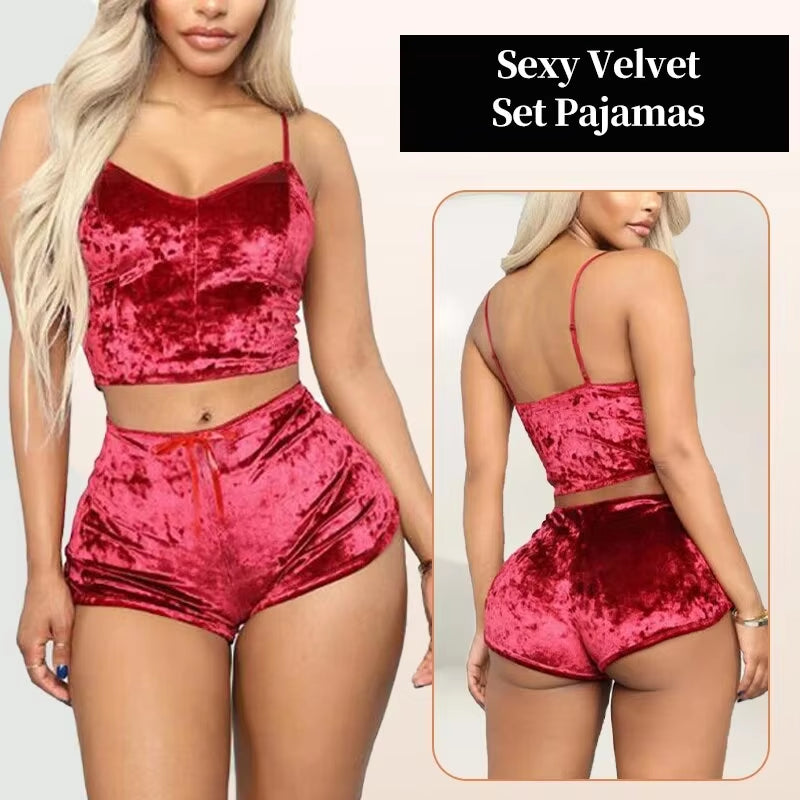 Women Sexy Strappy Pajama Set Women'S Velvet Polyester Comfortable V-Neck Underwear Home Clothes 2 Piece Sleeveless