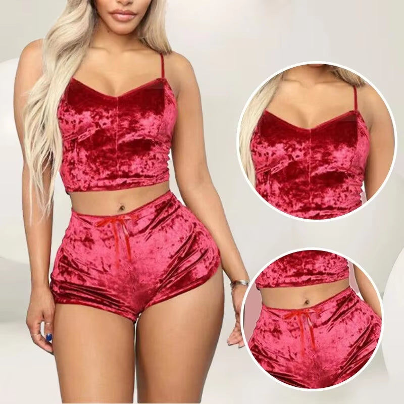 Women Sexy Strappy Pajama Set Women'S Velvet Polyester Comfortable V-Neck Underwear Home Clothes 2 Piece Sleeveless