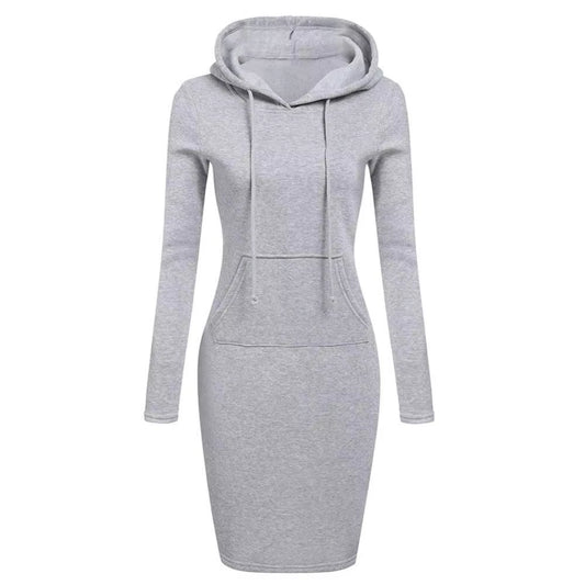 New Autumn Solid Color Women Long Sleeve Pocket Bodycon Hooded Sweatshirt Hoodies Dress Long Sleeve Tunic Dress Top