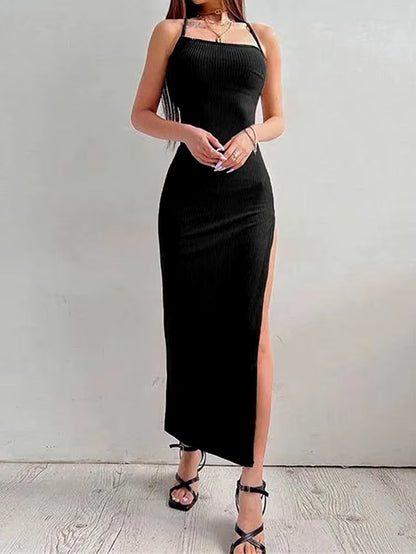 Sexy Black Long Bodycon Dress Women Summer Sleeveless Blackless Halter Neck Spaghetti Strap Dresses High Split Vestidos