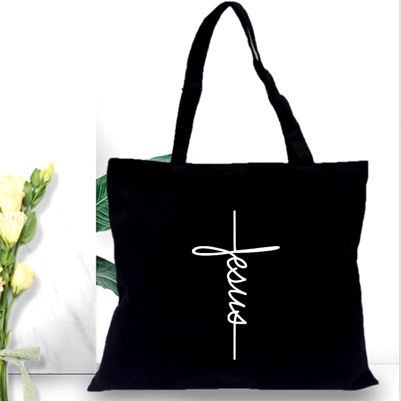 Fashion Women Shopping Bag Canvas Tote Jesus Is My God Print Shoulder Bag Foldable Eco Reusable Christian Female Shopper Handbag