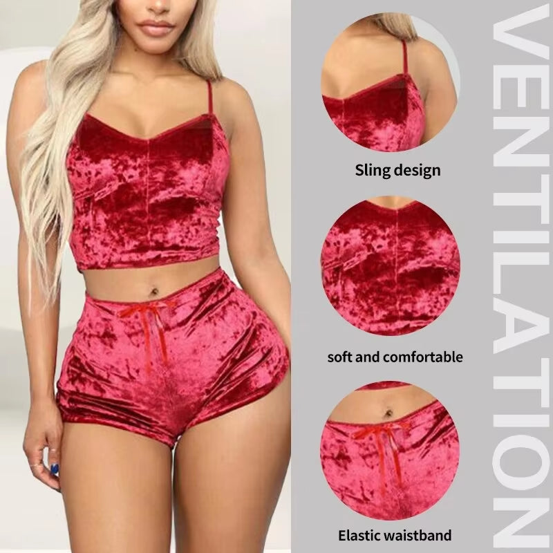 Women Sexy Strappy Pajama Set Women'S Velvet Polyester Comfortable V-Neck Underwear Home Clothes 2 Piece Sleeveless