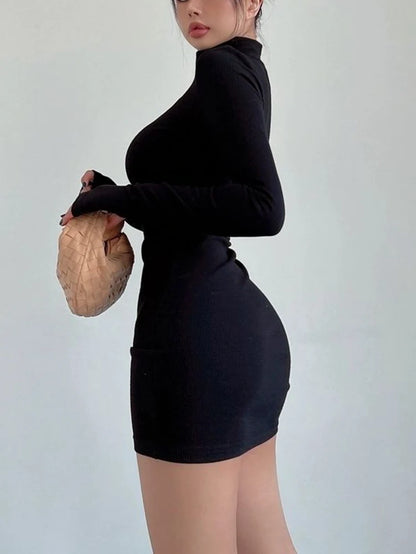 Turtleneck Long Sleeves Dresses Black Sexy Pleated Bodycon Mini Dress 2023 Fall Winter Women Streetwear Party Club Y2K Clothings