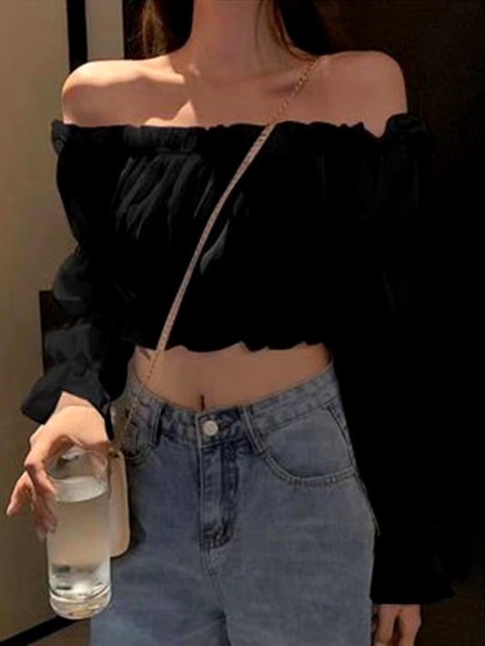 Women Top Sexy Blouse off Shoulder Top Long Sleeve Solid Color White Shirt Puff Sleeve Ruffle Tunic Crop Top Summer Tube Top