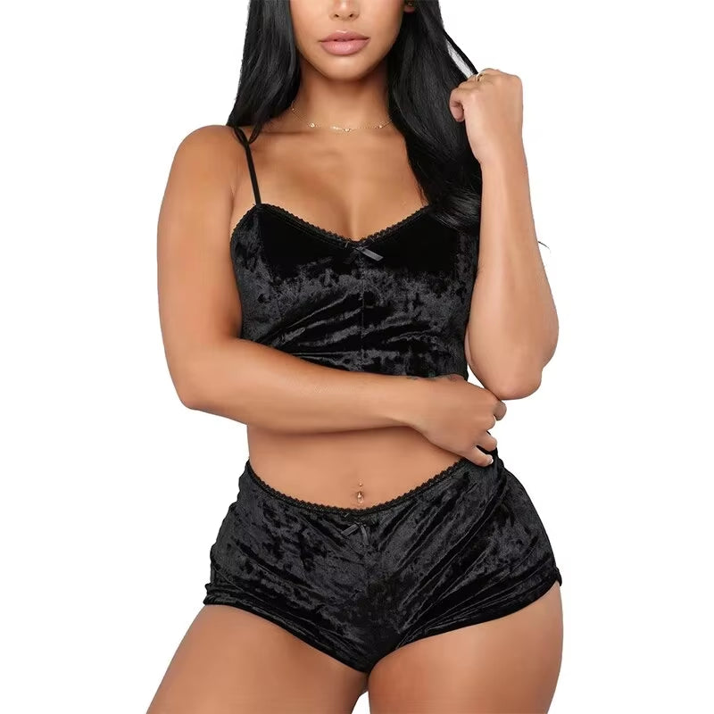 Women Sexy Strappy Pajama Set Women'S Velvet Polyester Comfortable V-Neck Underwear Home Clothes 2 Piece Sleeveless